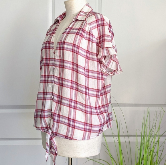 PAIGE Top Button Front Tie Split Neck Short Sleeve Plaid Cream Red Grey L NWT - Picture 9 of 14